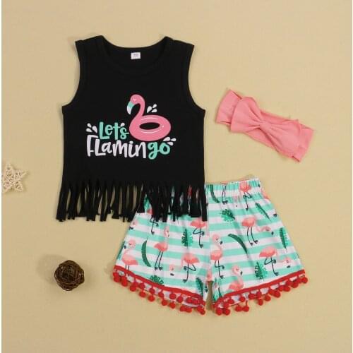 3pcs Girls Clothes Sets 1-6Y Letter Printed Sleeveless Tassel Vest Tops Flamingos Shorts Headband Kids Summer Outfits