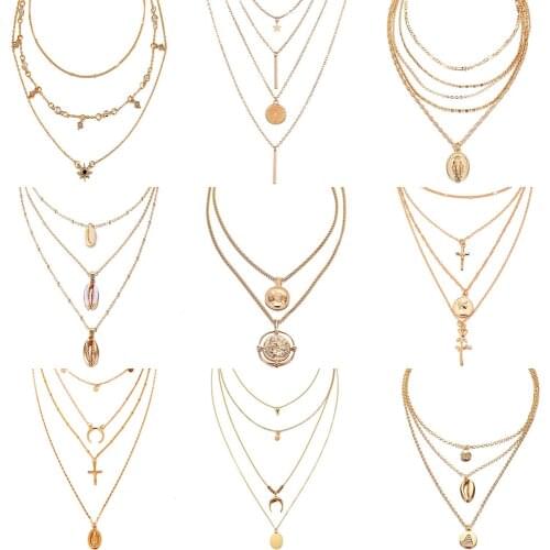 Bohemian Multilayer Pendant Necklace for Women Fashion, Geometric Charm Chain Necklace Wholesale Jewelry
