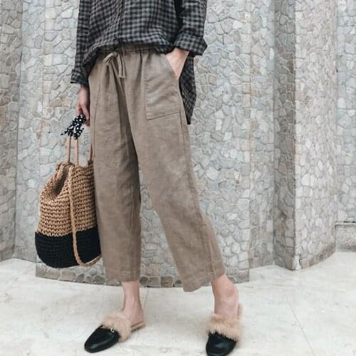 New womens large size linen literature loose cotton linen casual straight pants 9-point pants 2020-04
