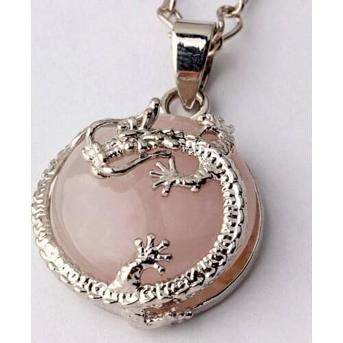 Trendy-beads Vintage Style Silver Plated Natural Rose Pink Quartz Inlay Chinese Dragon Pendant For Female Jewelry