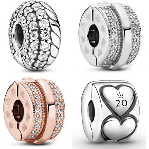 DIY Charm Lines & logo Pave Snake Chain Pattern Hearts Clip Lock Stopper 925 Sterling Silver Beads Fit Fashion Bracelet Jewelry