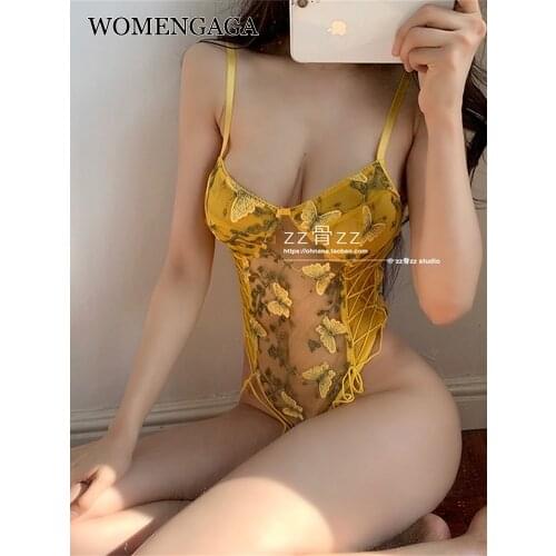 French Sexy Mesh Stitching Flower Embroidery Hollow Out One-piece Vest Women Bodysuits Buterfly Printing Club Tops 2KUU