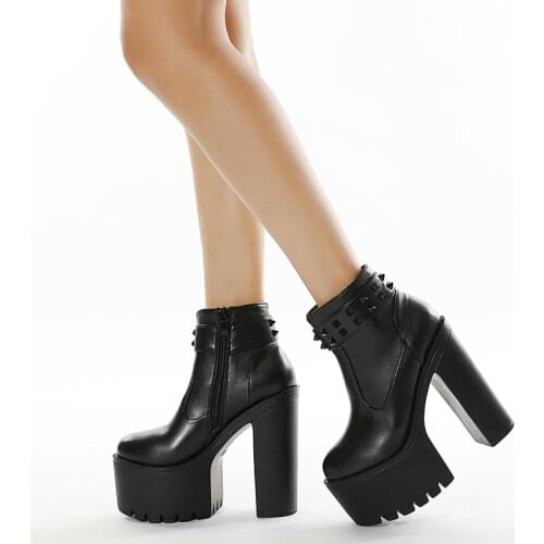 Gothic Black Ankle Boots For Women Plus High Heel Female Shoes Lace-Up Nigh Club Black Sexy Rivets Short Bootsrd5