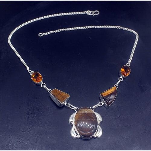 Hermosa Jewelry Trendy Tigers Eye HoneyTopaz Shiny Hot Silver Color Chain Necklace for Women Ladies Gift 20 Inch FQ71