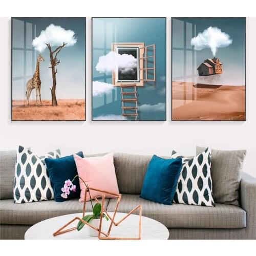 Creative Crazy flying house window ladder Giraffe with Flaky clouds Modern Wall Art Picture Canvas Painting for room Decor gift