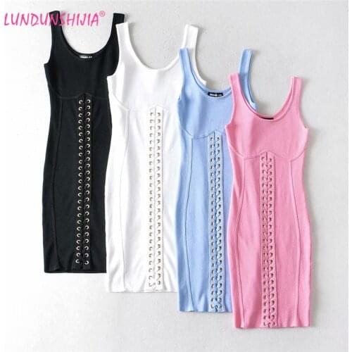LUNDUNSHIJIA 2020 Summer Women Fashion Rope Decoration Dress Ladies Backless Sexy Bodycon Mini Sleeveless Dresses