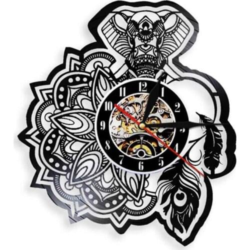 Mandala Floral Elephant Wall Clock Modern Design Vinyl Record Flower Mandala Ganesh Ganesha Tribal Elephant Clock