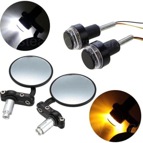 Motorcycle 3" Round 7/8" 22mm Handlebar End Mirrors Rear View Side Mirror Turn Signals For Honda Yamaha Suzuki Cafe Racer Bobber