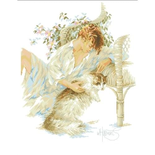 14/16/27/18/27 Gold Collection Counted Cross Stitch Kit Seated Girl with Cat Kitty Kitten Pet Animal Lanarte 33831