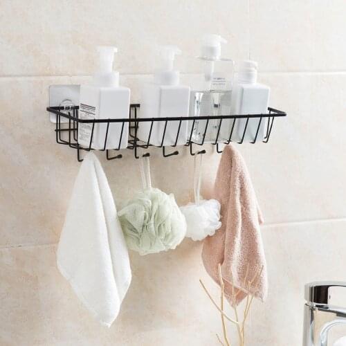 Iron Art Wall Mount Storage Basket Kitchen Punch Free Spice Rack Wall Hanging Shelf Basket With 6 Hooks