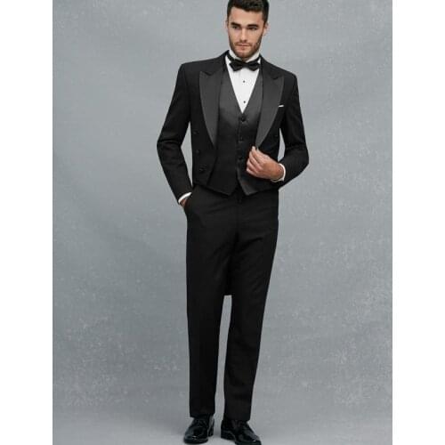 Newset Groomsmen Black Tailcoat Style Groom Tuxedos Peak Satin Lapel Men Suits Wedding Best Man ( Jacket+Pants+Vest+Tie ) C237