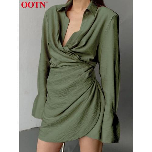 OOTN Asymmetrical Turn-Down Collar Sexy Criss-Cross Dresses For Women Green Long Sleeve Pencil Mini Dress Lady High Waist Ruched
