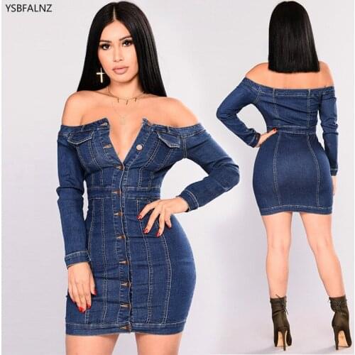 Autumn Long Sleeve Woman Denim Blue Sexy Dress Word Shoulder Single-Breasted Tight Pack Hip Spring Boho Style Roupas Feminina