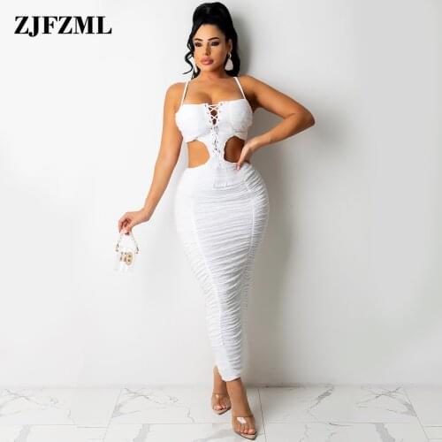 Sexy Lace Up Spaghetti Strap Pleated Dresses Women Waist Band Cut Out Backless Ruched Dress Elegant Body Shaping Split Vestido