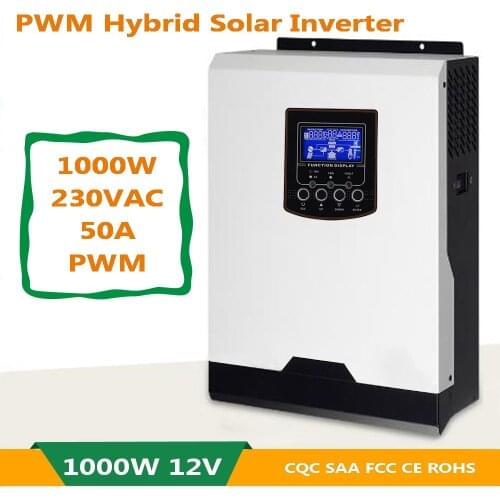 Solar Inverter 1KW 1KVA 12V 230V Pure Sine Wave Hybrid Inverter Built-in 50A PWM Solar Controller Battery Charger