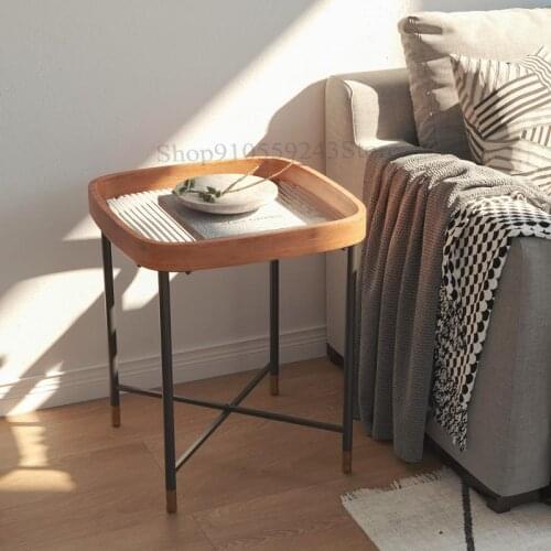 Modern Minimalist Side Table Living Room Mini Solid Wood Small Coffee Table Glass Retro Square Side Table Homestay Small Tea Tab