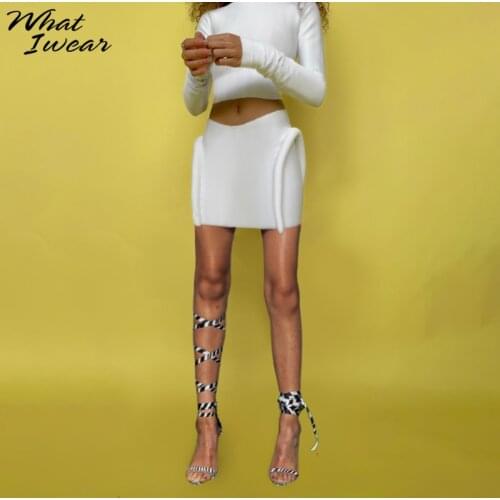 Whatiwear Solid Simple Knitted 2 Piece Set Women Skinny Long Sleeve Crop Top+Elastic Waist Skirts Matching Outfit Female Hipster