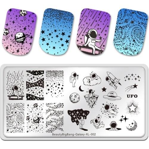 Beauty BigBang Nail Stamping Plates Stars Sky Universe Astronaut Image Stainless Steel Nail Art Stencil Template Galaxy 002