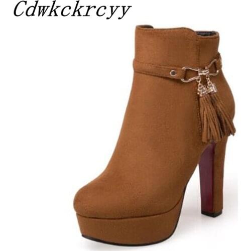 Women Boots Autumn and winter New style 12cm Super heel grace fashion Short boots Suede Grind Tassels Boots plus size 34-43
