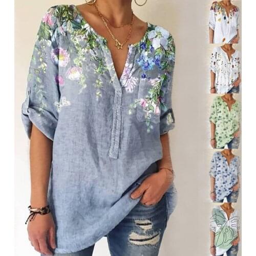 Street Style Lady Fashion Casual Tops Summer Loose Elegant Pullover Shirts For Women V-neck Printed Short-Sleeved Vintage Blouse