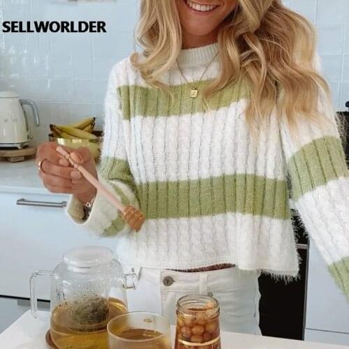 Casual Crew Neck Stripe Hit color Female Pullover Women Sweater Winter Three-quarter Sleeve Loose ladies Knitted Sweater