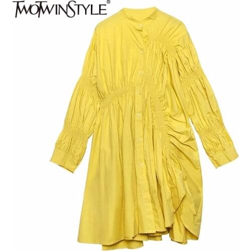 TWOTWINSTYLE Ruched Long Sleeve Shirt Dress Female Lantern Sleeve Asymmetrical Casual Dresses Women Big Sizes 2020 Autumn New