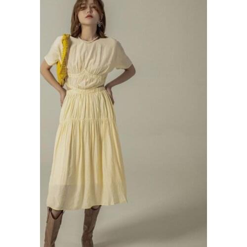 High Fashion Gentle Wind Folds Cream Yellow Back Hollow Maxi Dress 2021 Spring Summer New Womens Holiday Casual Clothing