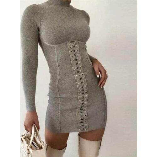 Women cotton dress elegant bodycon mini dress sexy club wear bandage dress long sleeve gray o neck vestidos autumn winter 2020
