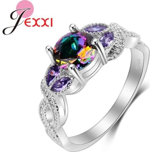 925 Sterling Silver Rainbow Austrian Crystal Rings For Wedding Jewelry Cross Design Women Cubic Zirconia Engagment Ring Bi
