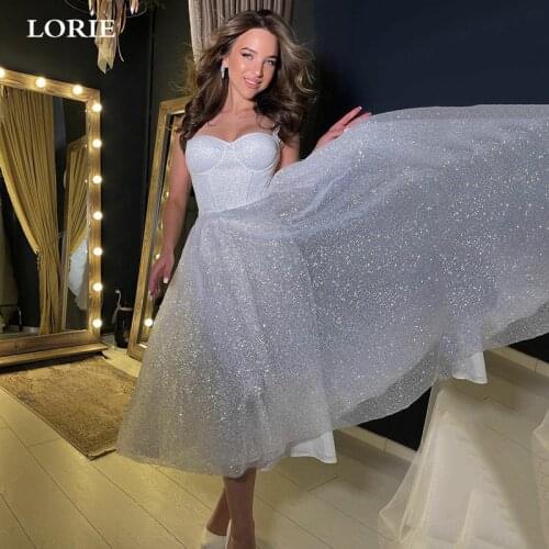 LORIE Off The Shoulder Shiny Glitter Tulle Short Wedding Dress A Line Boning Tea Length Bride Dresses Vestidos de novia 2021