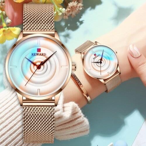REWARD Fashion Color Glass Women Watch Rose Gold Bracelet Quartz Wrist Watch Female Steel Mesh Strap Waterproof Watches Girl