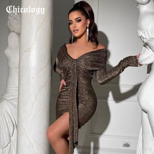 Chicology 2021 Fall Winter Bling Glitter Women Long Sleeve Off Shoulder Ruched Mini Dress Patchwork Bodycon Party Elegant Club