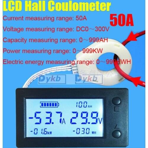 Digital LCD Hall coulombmeter DC 300V 50A Voltmeter Ammeter Battery Power meter module