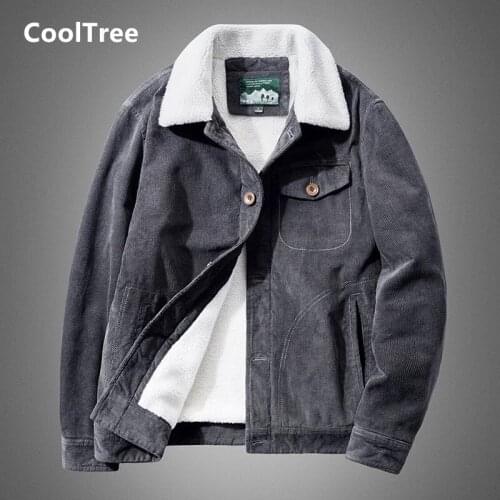 CoolTree Men Corduroy Jacket Autumn Winter Plus velvet Thick Warm Casual Coats Male Slim Fit Solid color Outerwear Plus Size 6XL