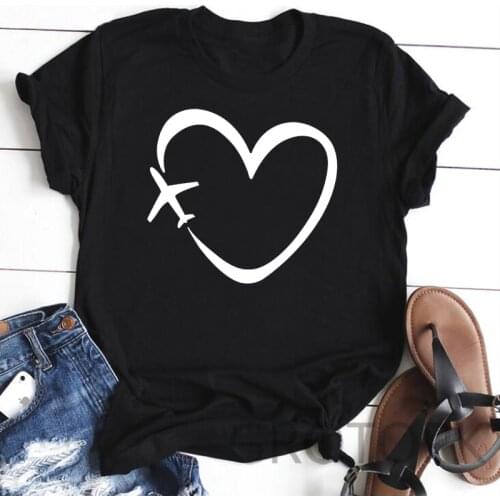 FIXSYS Travel Plane Heart Love Summer Fashion Women Black T shirt Casual Cotton Tshirt Girls Short Sleeve Femme T-shirts
