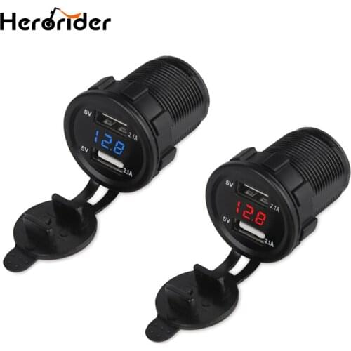 Herorider 24V Universal Motorcycle Truck Car USB Charger Dual USB Auto Charger With Voltage Meter Power Adapter Socket 12V