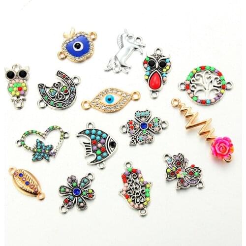 Julie Wang 10PCS Alloy Charms With Acrylic Rhinestones Animal Flower Eye Palm Life Tree Pendants Jewelry Making Accessory