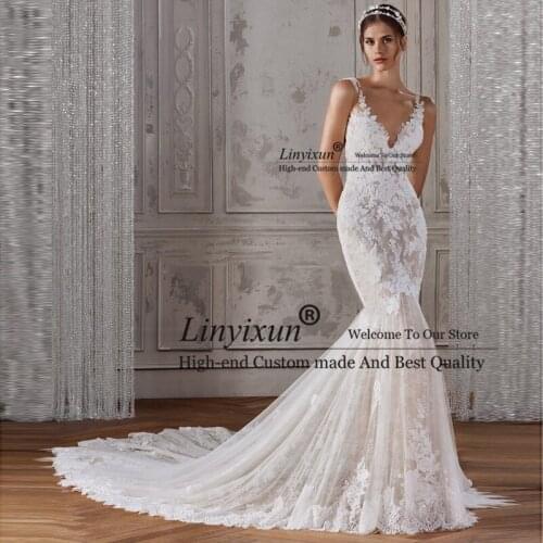 Lace Mermaid Wedding Dresses 2021 Vestidos De Noiva V Neckline Open Back Appliques Sleeveless Wedding Bridal Gowns Court Train