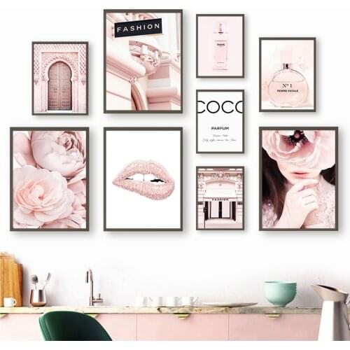 Fashion Girl Pink Flower Perfume Lips Door Nordic Posters And Prints Wall Art Canvas Painting Wall Picture For Living Room Decor