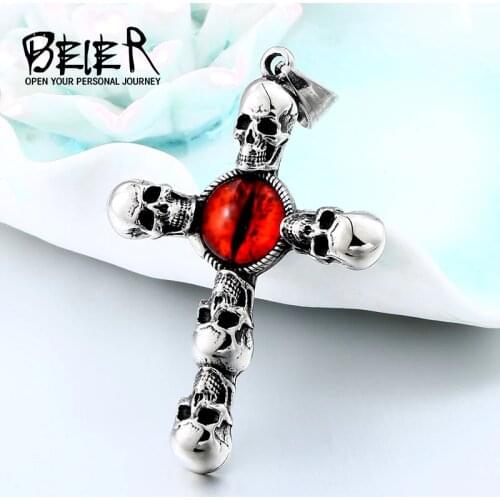 BEIER Vintage Cross Skull with Claw Evil Red Eye Necklace Pendant For Men 316 Stainless Steel Unique jewelry Punk Style BP8-341