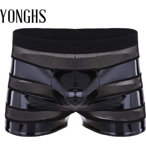 Mens Lingerie Sexy Underwear Wetlook Faux Leather Mesh Patchwork Stripe Low Rise Boxer Briefs Erotic Male Sex Underwear Panties