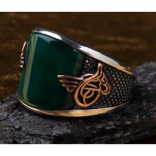 Green Agate Gemstone Men Silver Ring Ottoman Tughra Motif Ring Handcarved Turkish Men Jewelery Vintage Men Accessories