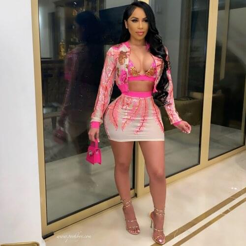 2021 New Arrival Fashion Design 3 pcs Women Set Solid Sequins Zip Short Tops Bikini Mini Dress Sexy Club Outfit