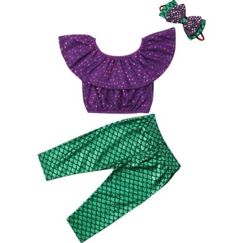 New Arrivels Kids Baby Girl Mermaid Ruffle Crop Tops Long Pants 3PCS Outfit Summer Clothes