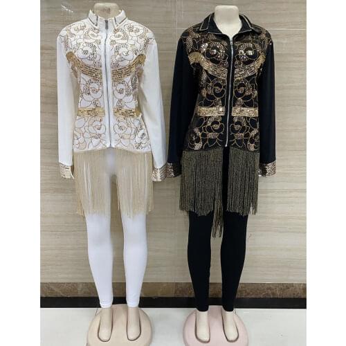 New Style African Womens Clothing Dashiki Fashion Zipper Tassels Sequins Sailor Collar Lady Dress Free Size L49 White & Black