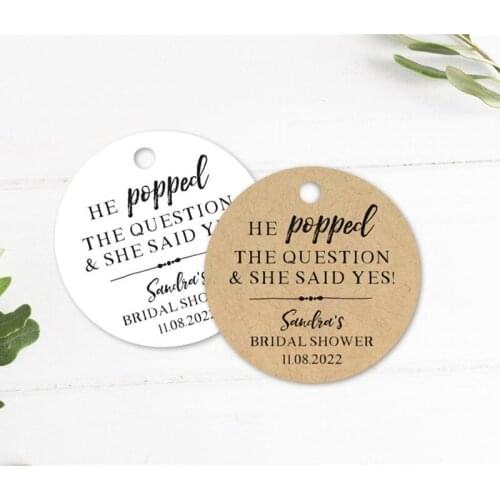 He popped the question and she said yes, Personalised popcorn tags, bridal shower favor tags, Custom engagement party tags