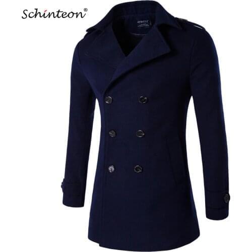 Schinteon Dropshipping Men Smart Casual Wool Jacket Double Breasted Simple Solid Outwear Casual Trench Coat M-4XL