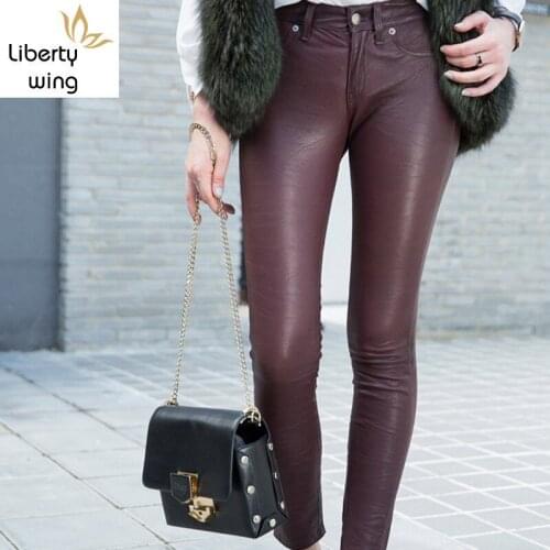Luxury Women 100% Sheepskin Genuine Pencil Lady Sexy Stretchy Leggings Push Up Leather Long Trousers Skinny Pants