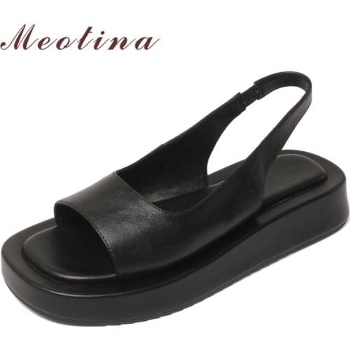 Meotina Shoes Women Genuine Leather Sandals Flat Platform Sandals Square Toe Cow Leather Ladies Footwear Summer Black Fashion