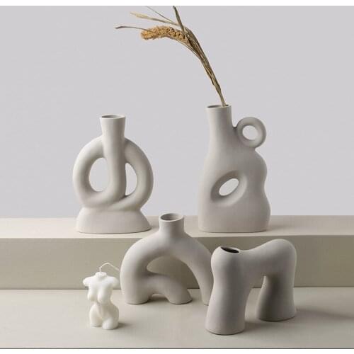 Modern Ceramic Vase for Water Flowers Home Decor Geometric Pot Vase for Living Room Hollow Vase Floral Ornaments